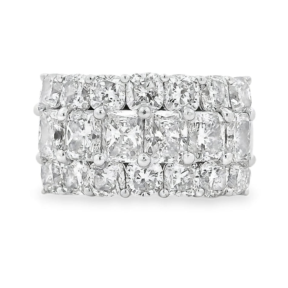 18k White Gold 5.86ctw Round Diamonds and Cushion Cut Three-Row Band