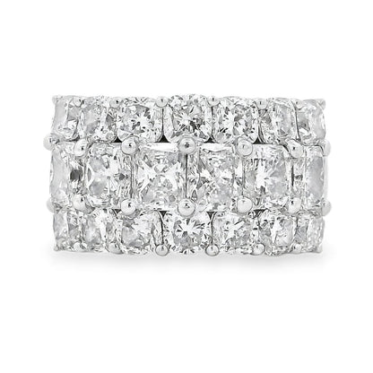 18k White Gold 5.86ctw Round Diamonds and Cushion Cut Three-Row Band