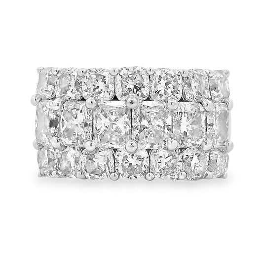 18k White Gold 5.86ctw Round Diamonds and Cushion Cut Three-Row Band