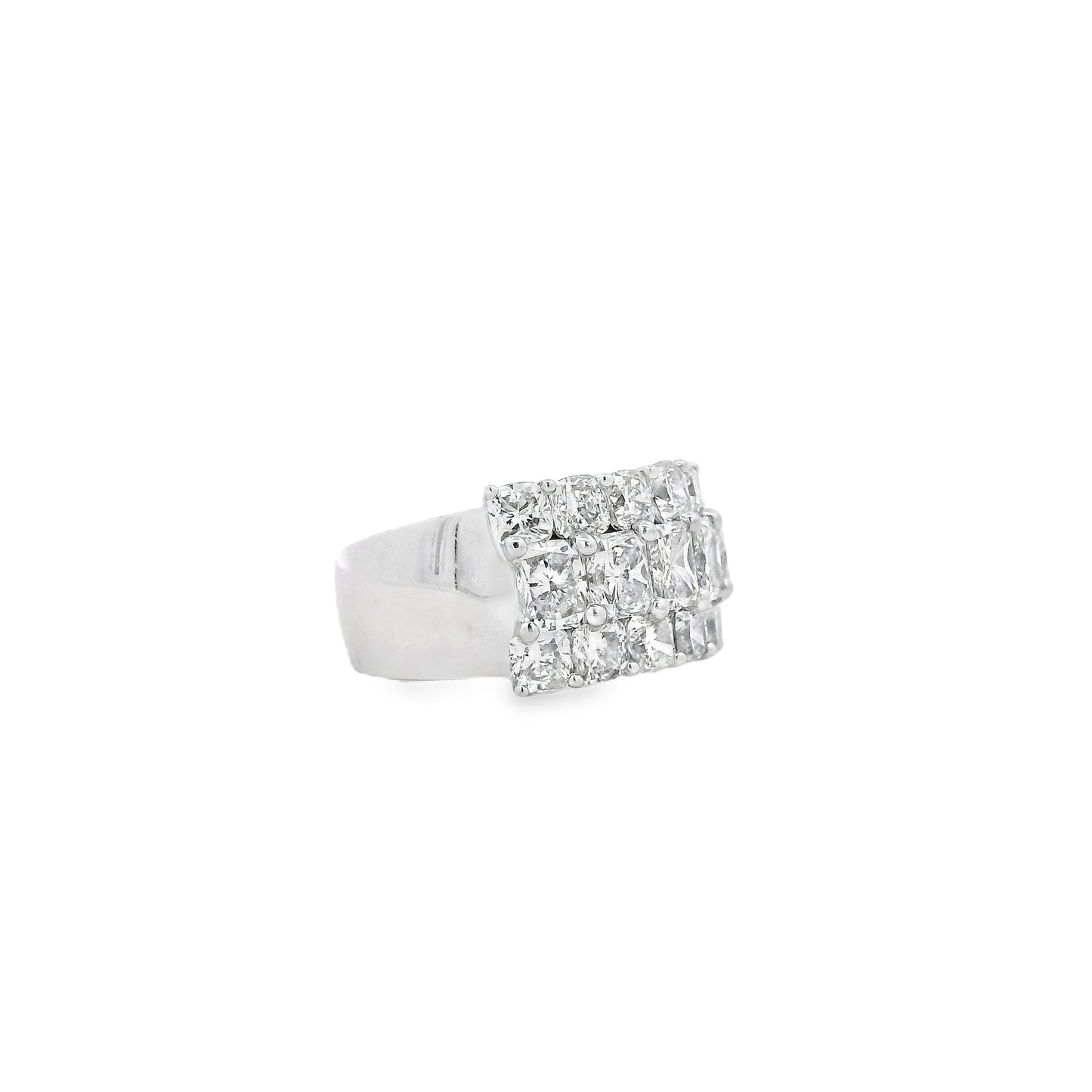 18k White Gold 5.86ctw Round Diamonds and Cushion Cut Three-Row Band