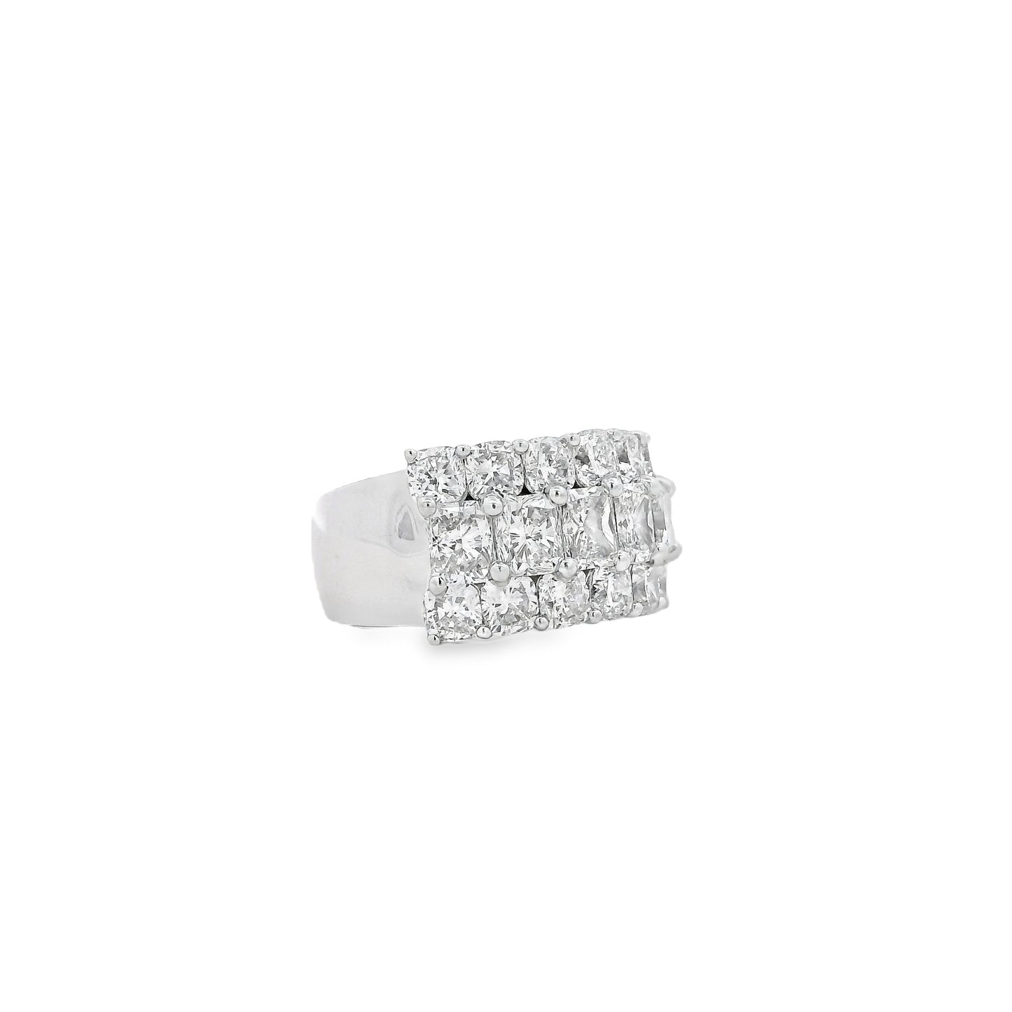 18k White Gold 5.86ctw Round Diamonds and Cushion Cut Three-Row Band