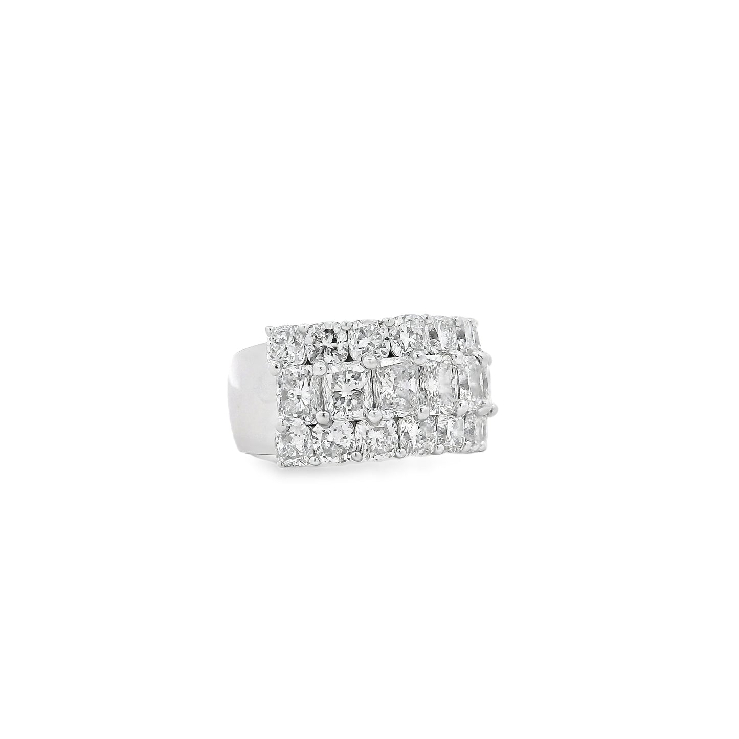 18k White Gold 5.86ctw Round Diamonds and Cushion Cut Three-Row Band