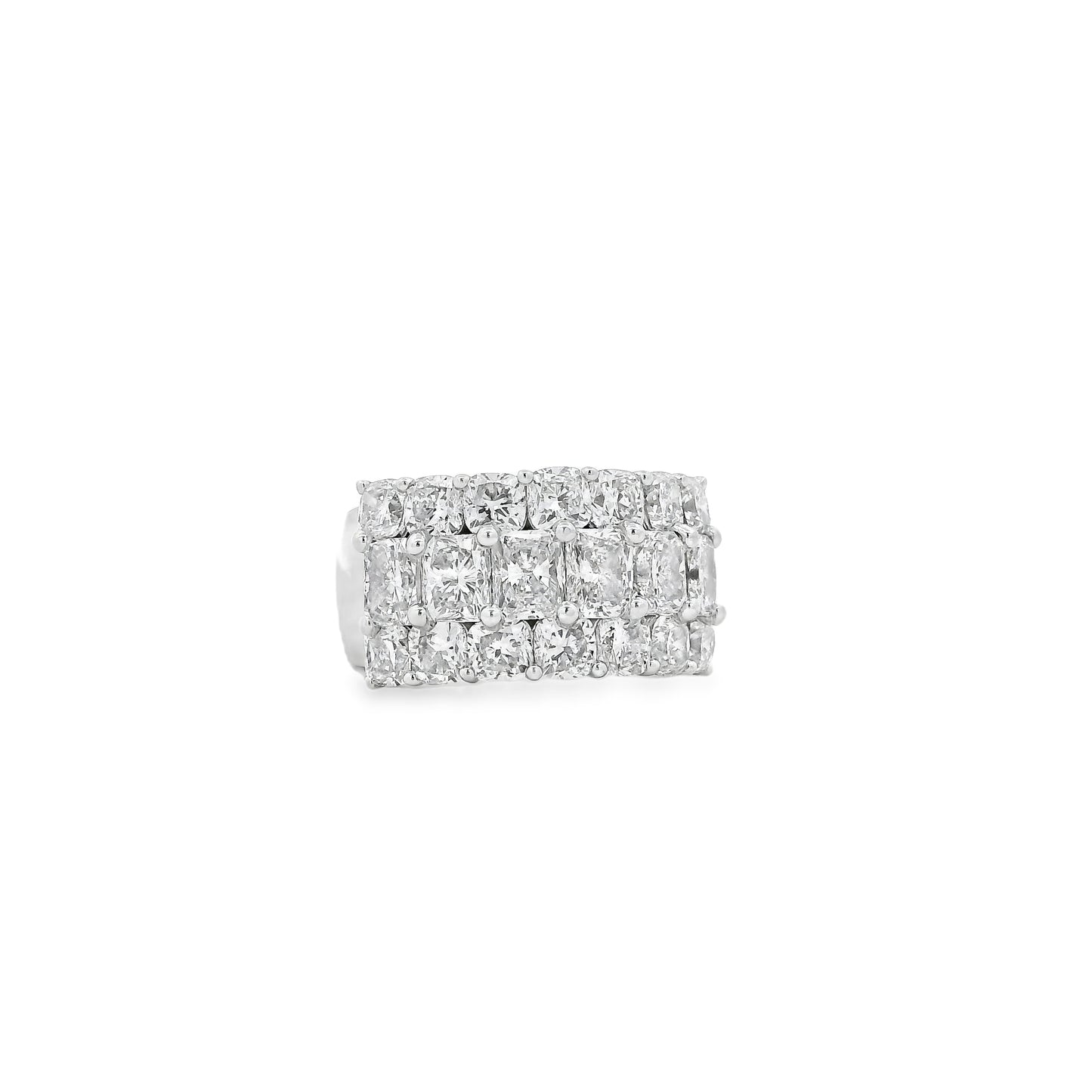 18k White Gold 5.86ctw Round Diamonds and Cushion Cut Three-Row Band