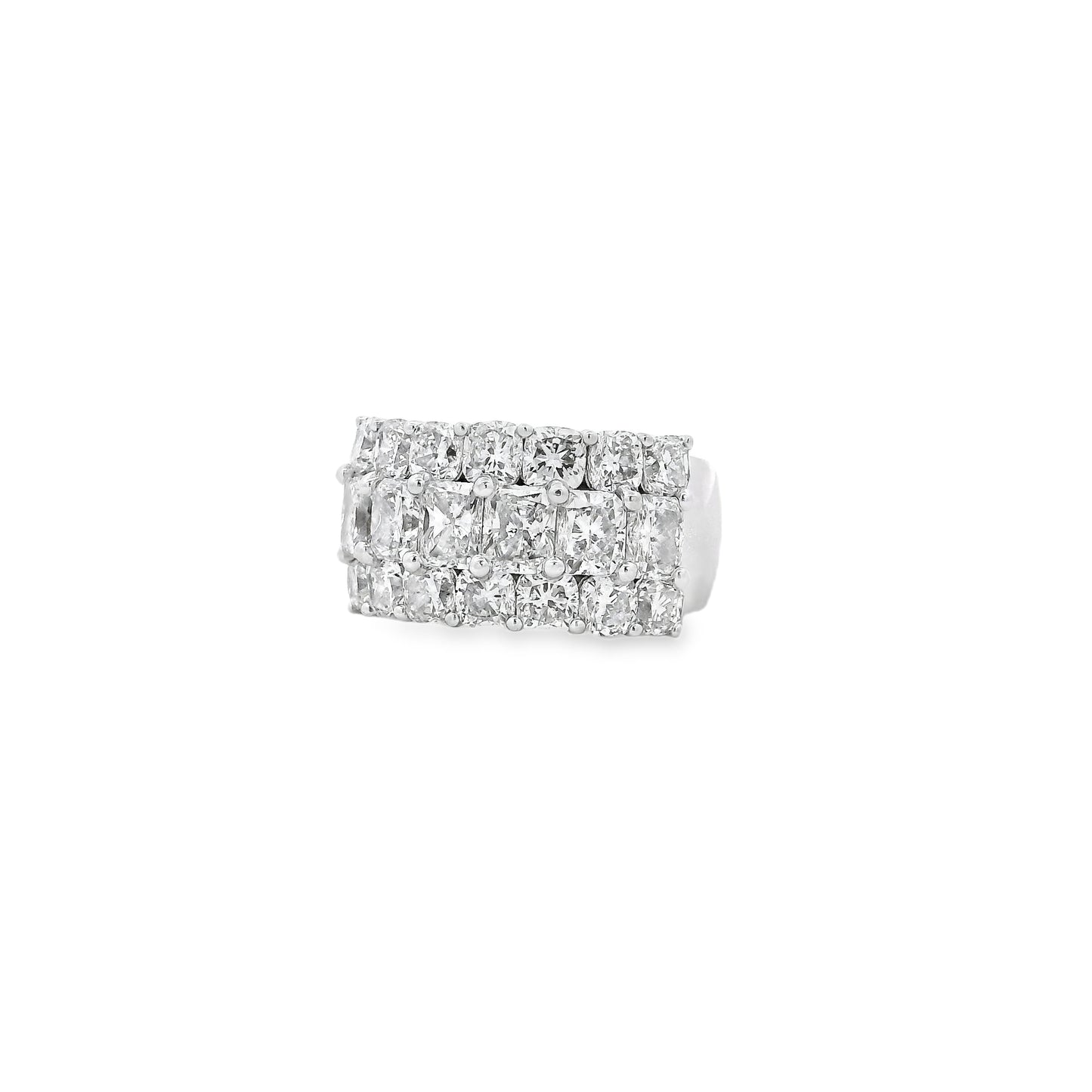 18k White Gold 5.86ctw Round Diamonds and Cushion Cut Three-Row Band