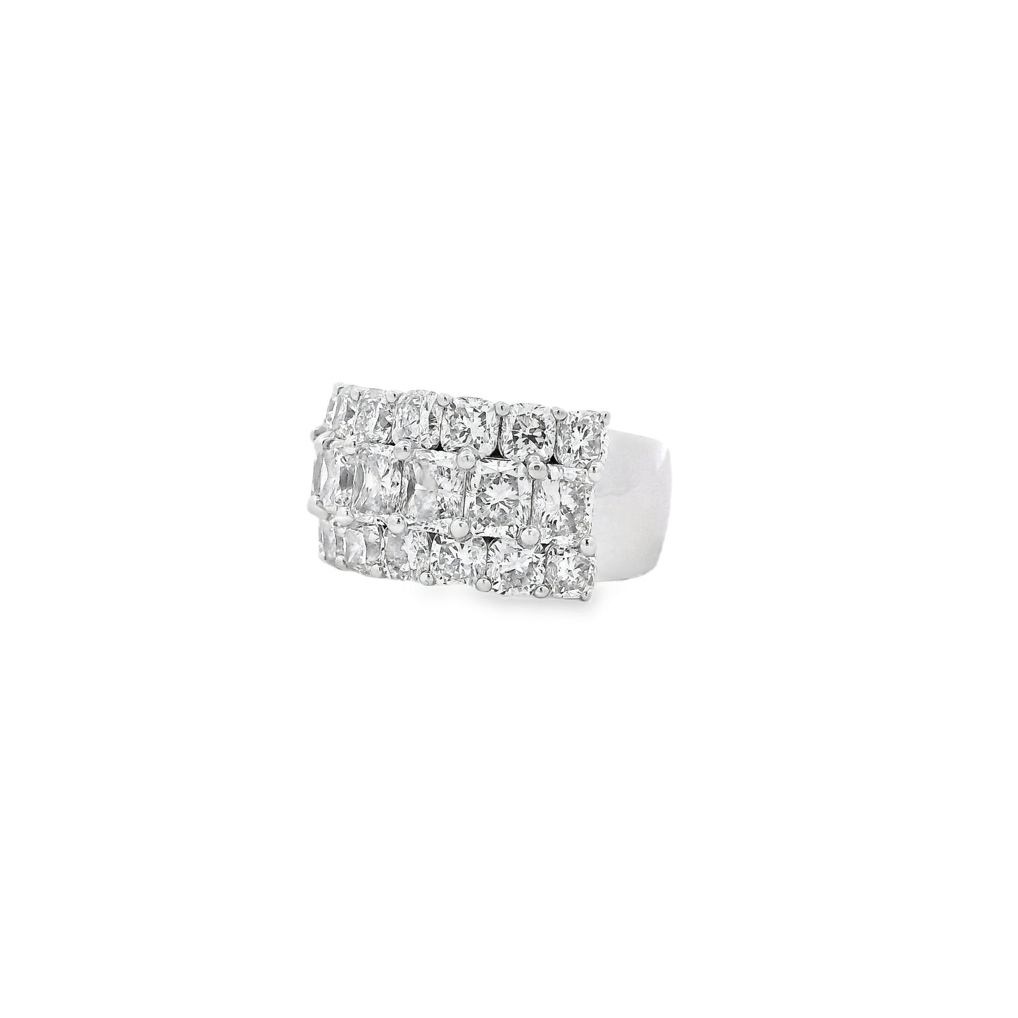 18k White Gold 5.86ctw Round Diamonds and Cushion Cut Three-Row Band
