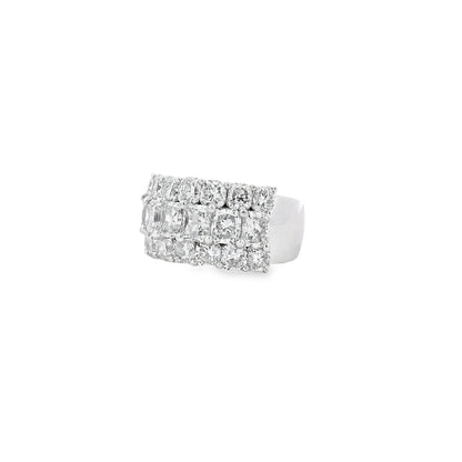 18k White Gold 5.86ctw Round Diamonds and Cushion Cut Three-Row Band