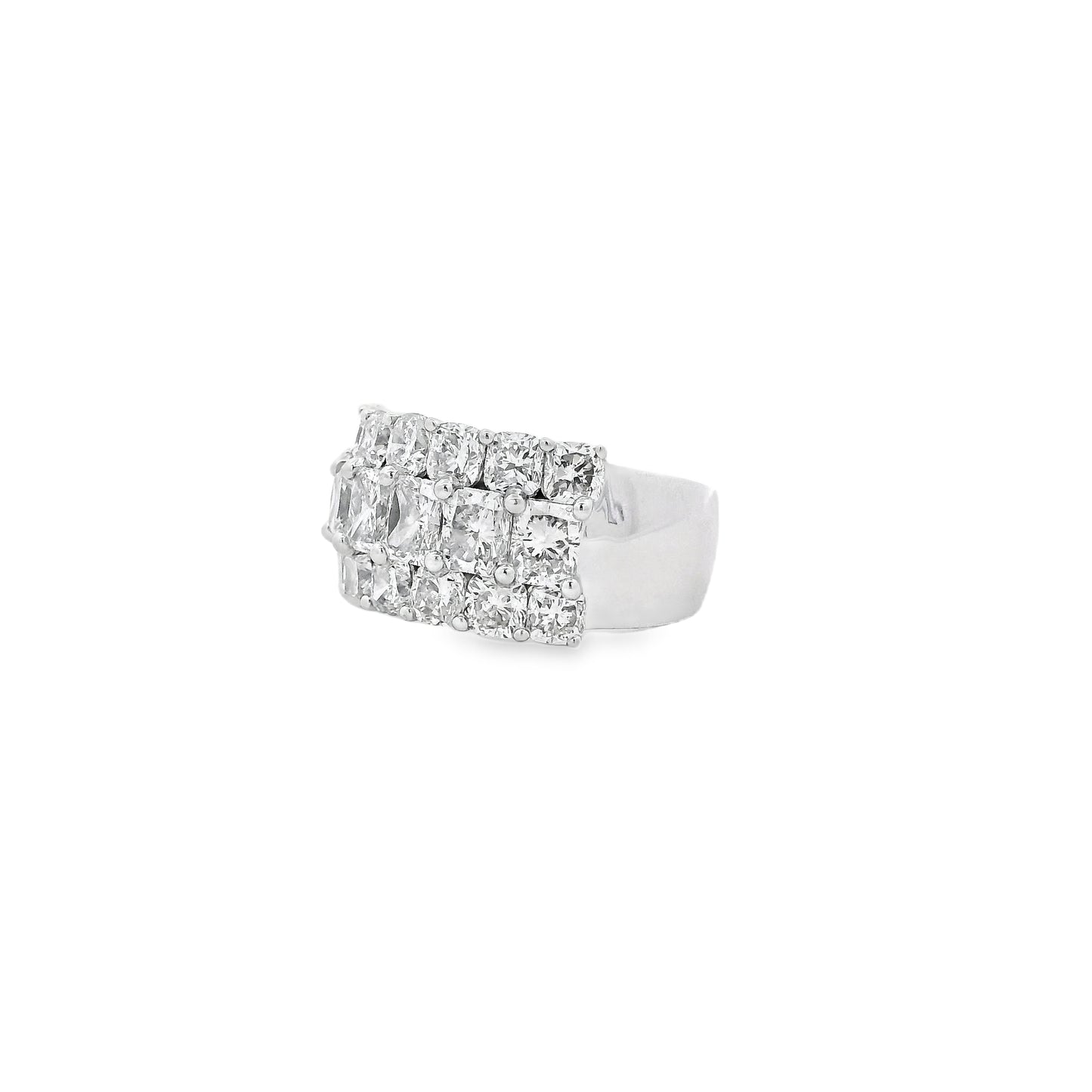 18k White Gold 5.86ctw Round Diamonds and Cushion Cut Three-Row Band