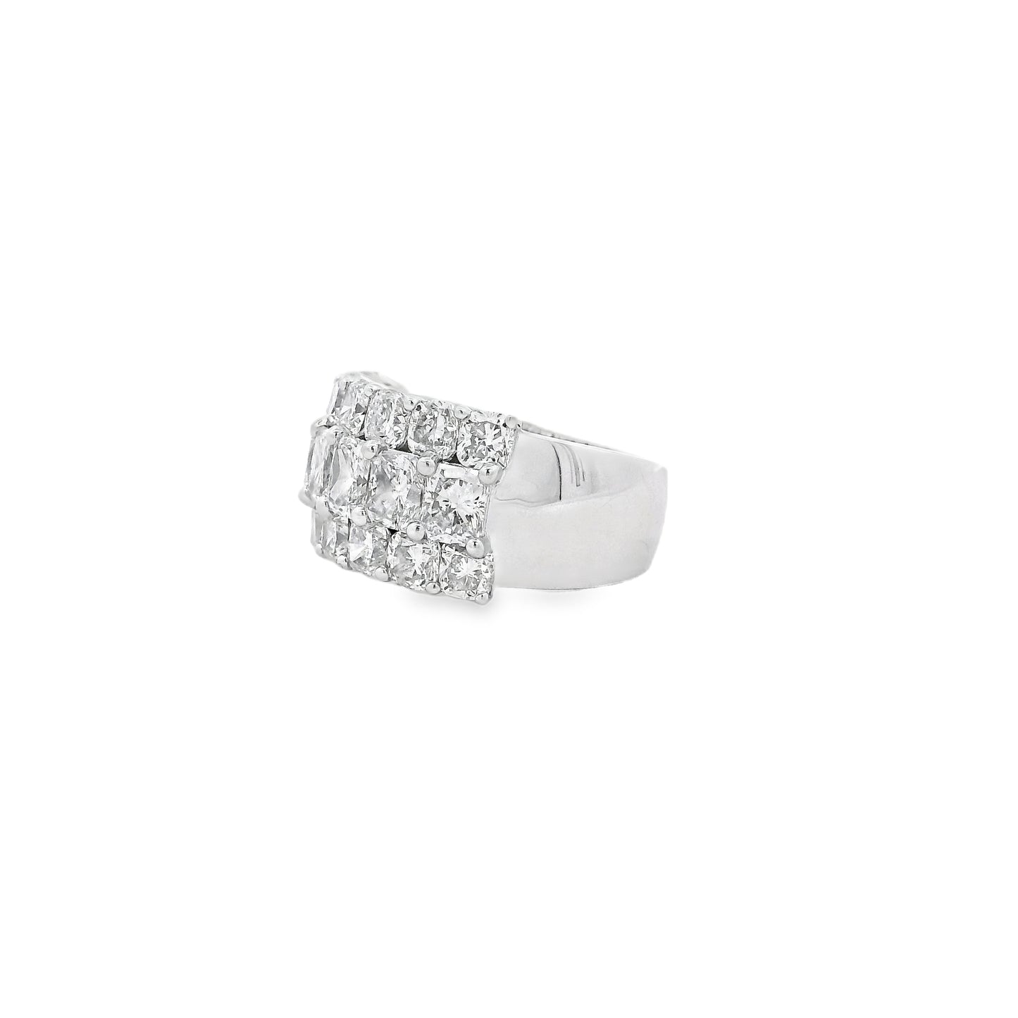 18k White Gold 5.86ctw Round Diamonds and Cushion Cut Three-Row Band