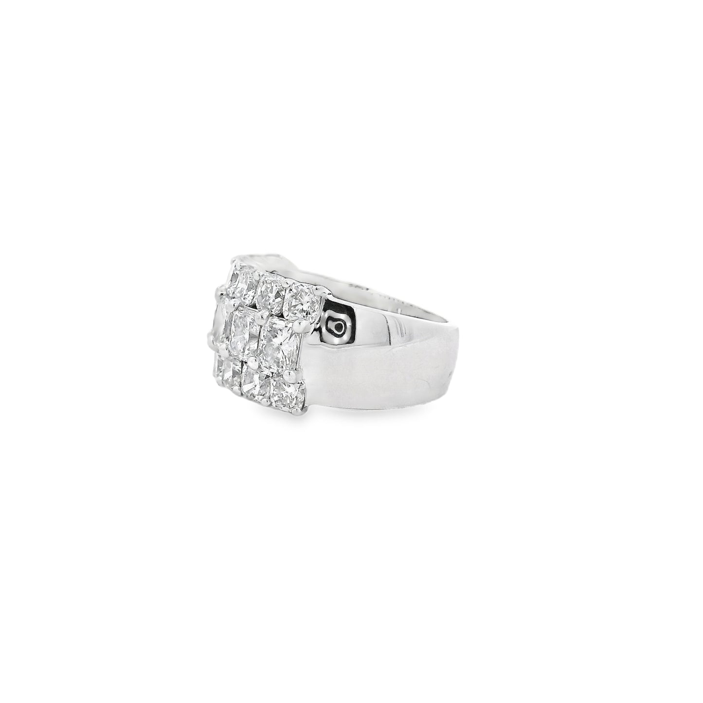 18k White Gold 5.86ctw Round Diamonds and Cushion Cut Three-Row Band