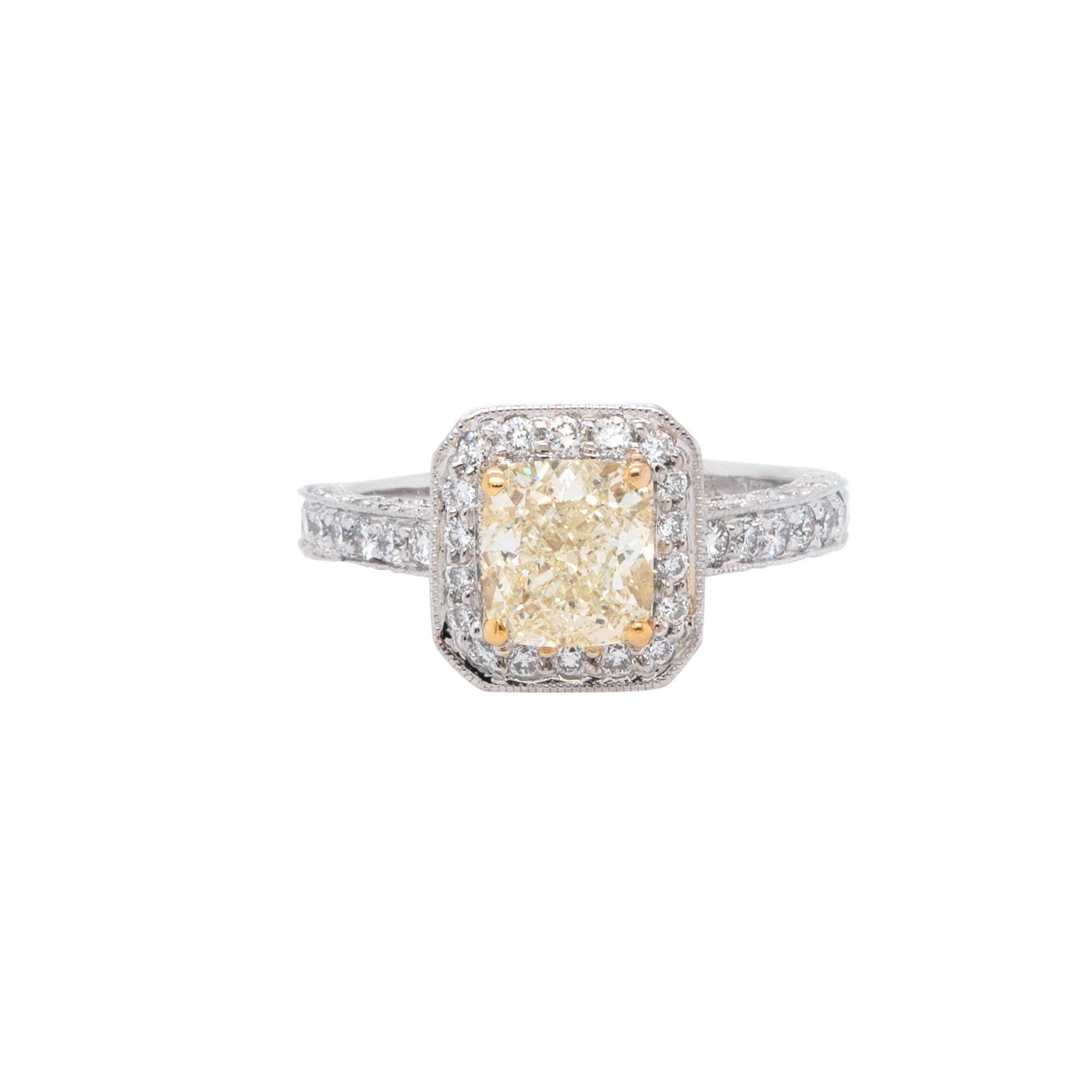 18k Yellow Gold and Platinum 1.74ct Natural Cushion Cut Fancy Yellow Diamond Halo Ring