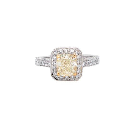 18k Yellow Gold and Platinum 1.74ct Natural Cushion Cut Fancy Yellow Diamond Halo Ring