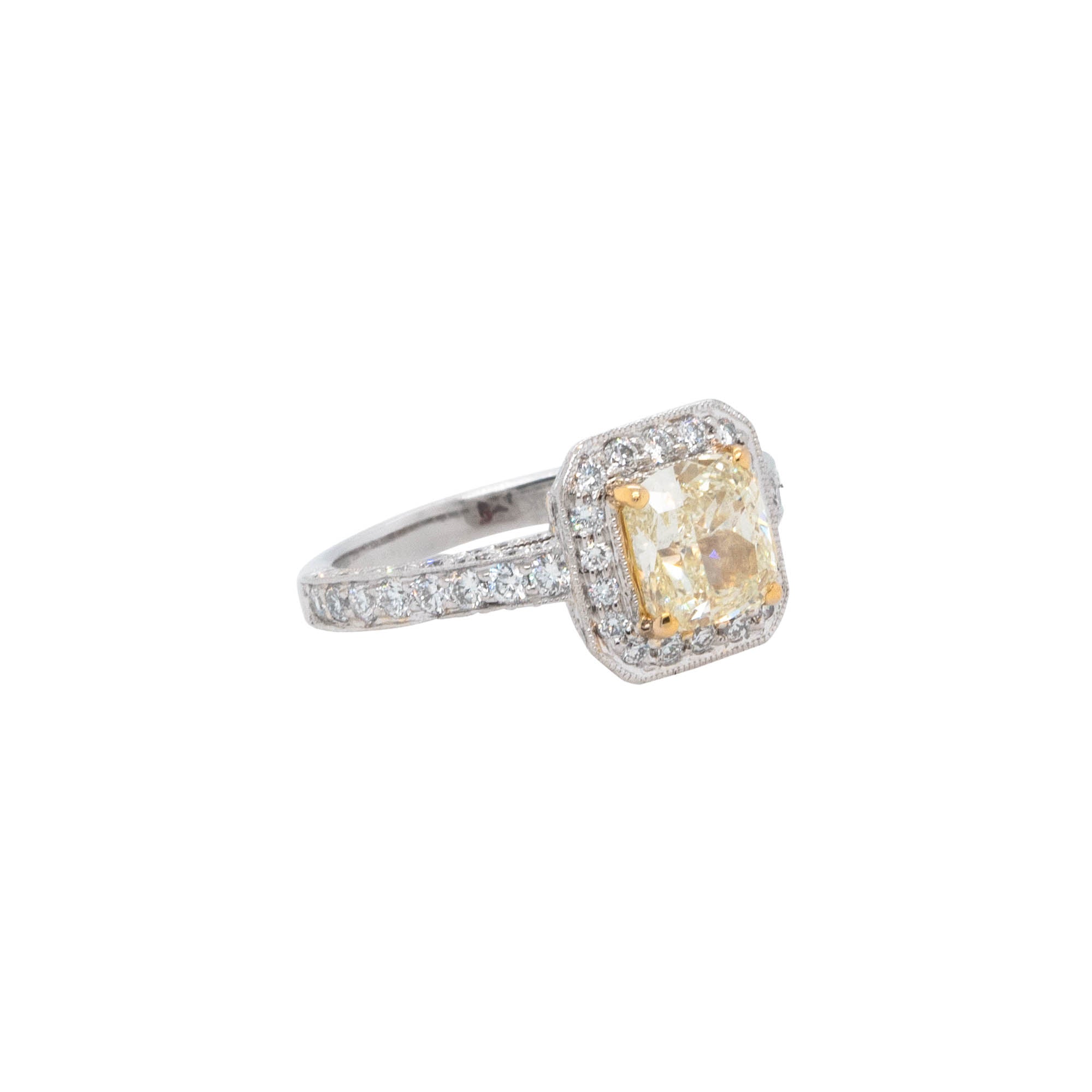 18k Yellow Gold and Platinum 1.74ct Natural Cushion Cut Fancy Yellow Diamond Halo Ring