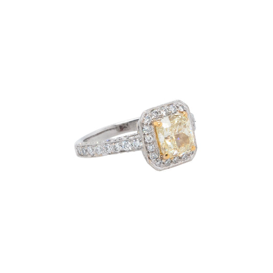 18k Yellow Gold and Platinum 1.74ct Natural Cushion Cut Fancy Yellow Diamond Halo Ring
