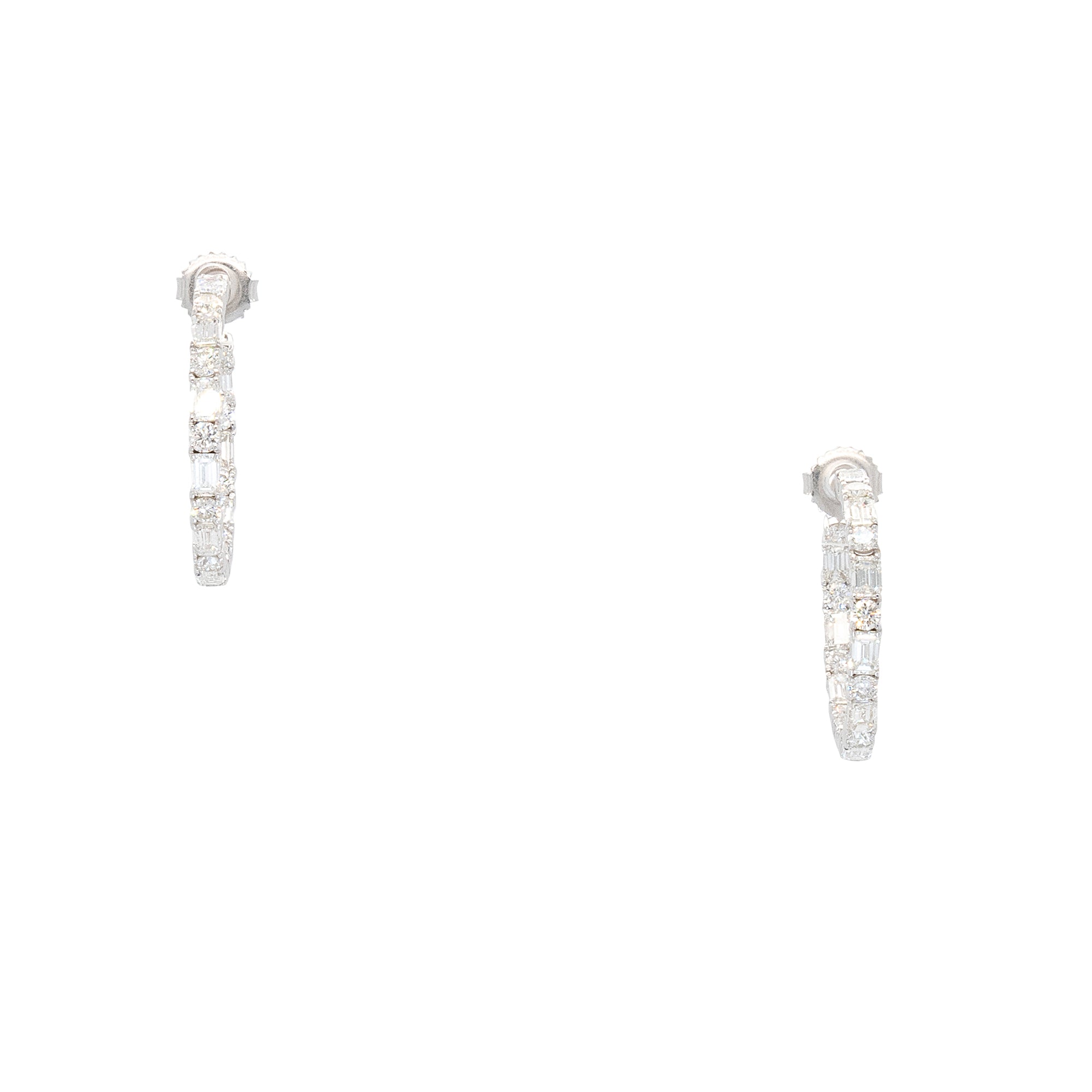 18k White Gold 4.31ctw Round Baguette Natural Diamonds Inside Out Hoops