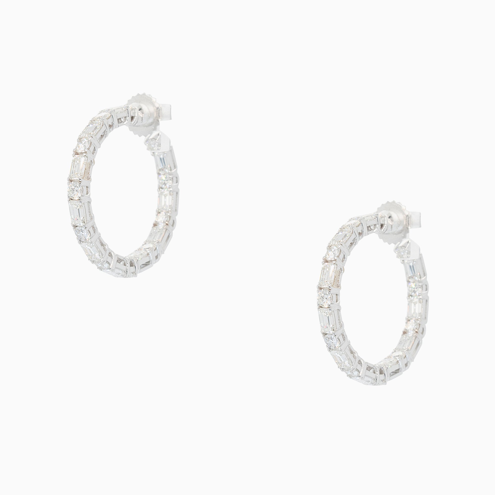 18k White Gold 4.31ctw Round Baguette Natural Diamonds Inside Out Hoops