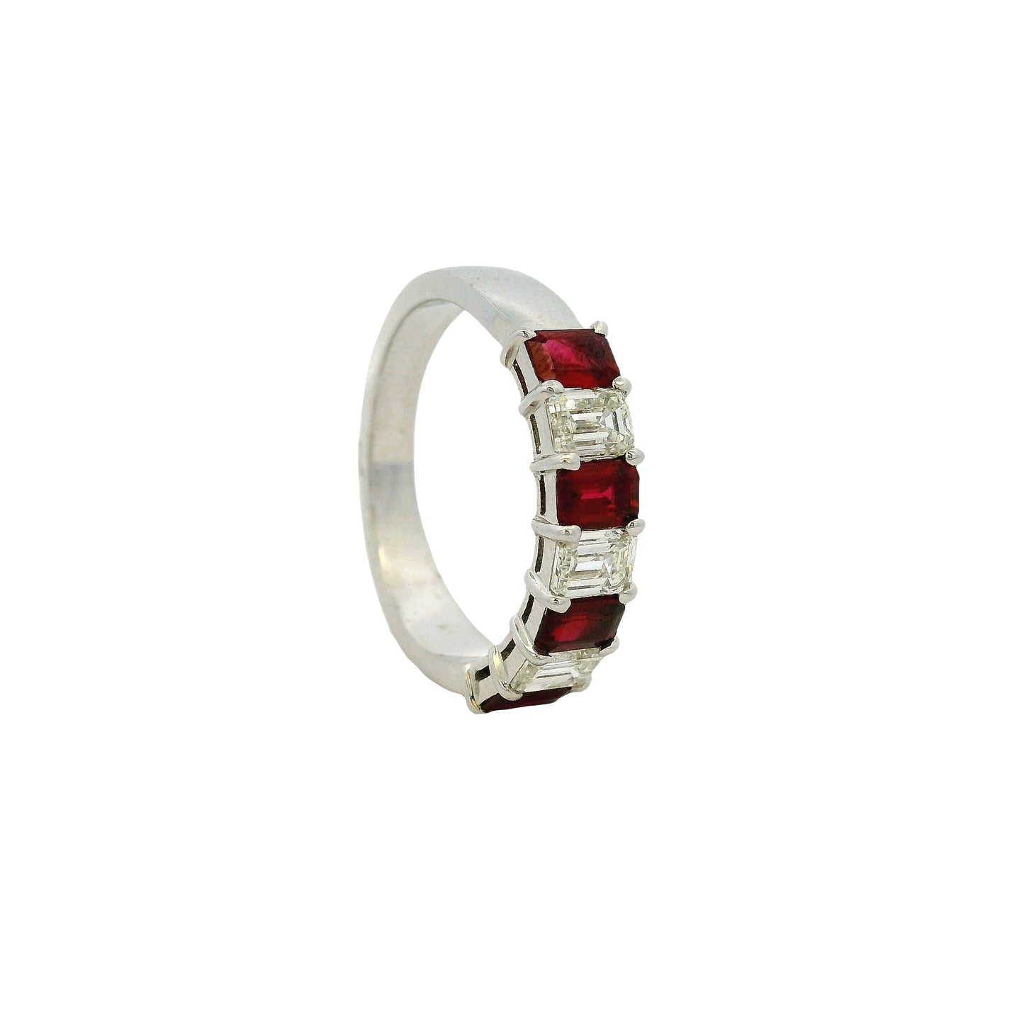 14k White Gold 1.65ctw Natural Emerald Cut Diamond and Ruby Ring