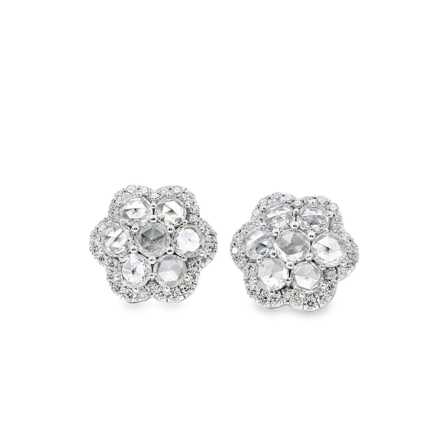 14k White Gold 3.60ctw Natural Round Brilliant Diamond Flower Stud Earrings
