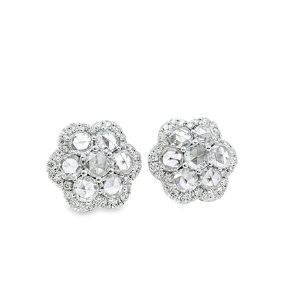 14k White Gold 3.60ctw Natural Round Brilliant Diamond Flower Stud Earrings