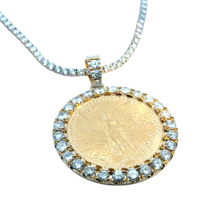 18k Yellow Gold Diamond Bezel Pendant with 1922 50 Peso 24k Gold Coin on a 14k Yellow Gold Tennis Necklace