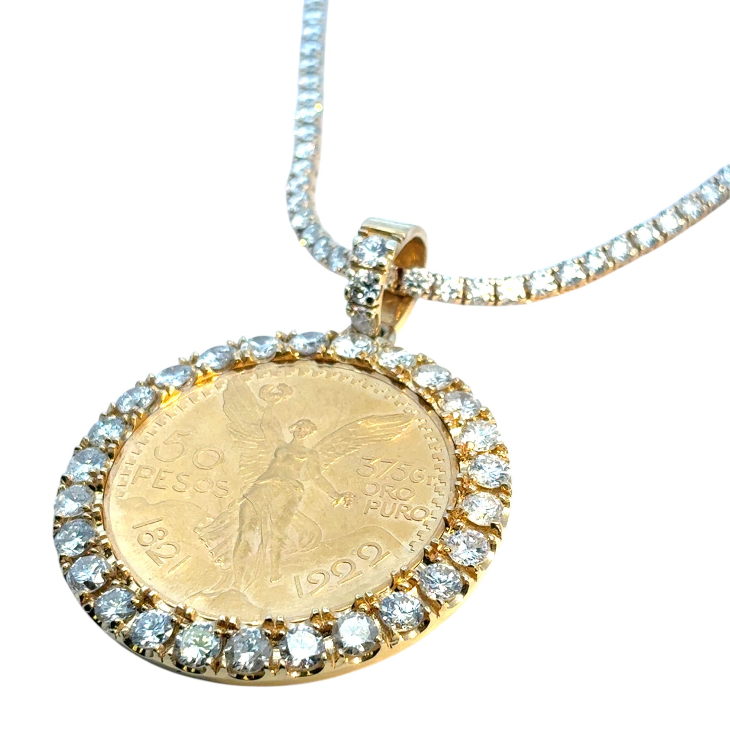 18k Yellow Gold Diamond Bezel Pendant with 1922 50 Peso 24k Gold Coin on a 14k Yellow Gold Tennis Necklace