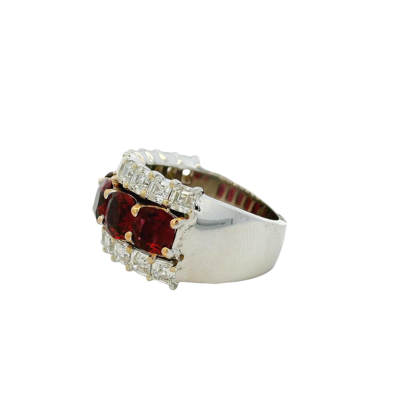 18k White and Yellow Gold 3 Row 4.85ctw Ruby and 2.96ctw Natural Asscher Cut Diamond Ring Wide Band