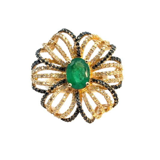 14k Yellow Gold Oval Emerald and Black and White Diamond Flower Ring
