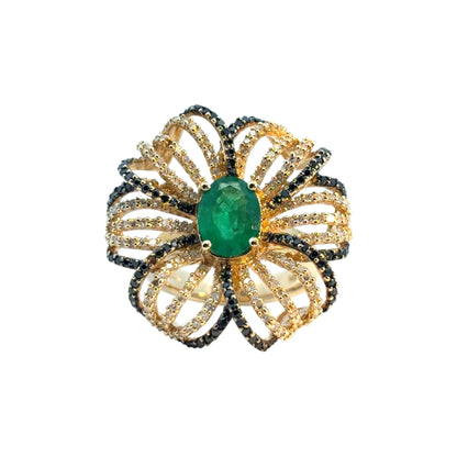 14k Yellow Gold Oval Emerald and Black and White Diamond Flower Ring