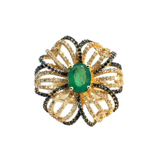 14k Yellow Gold Oval Emerald and Black and White Diamond Flower Ring