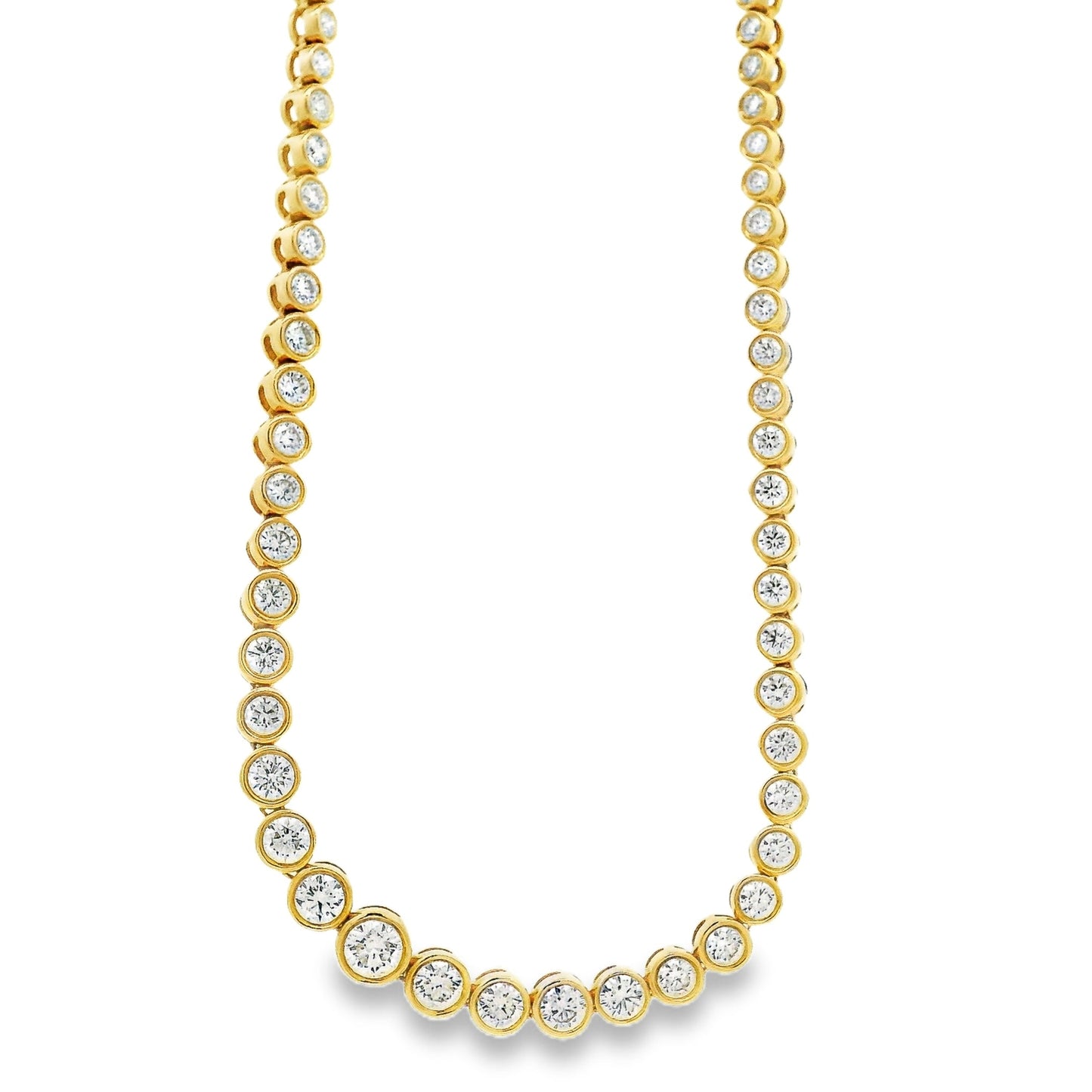 14k Yellow Gold 3.40ctw Round Diamond Bezel Set 1/2 Way Round Tennis Necklace.