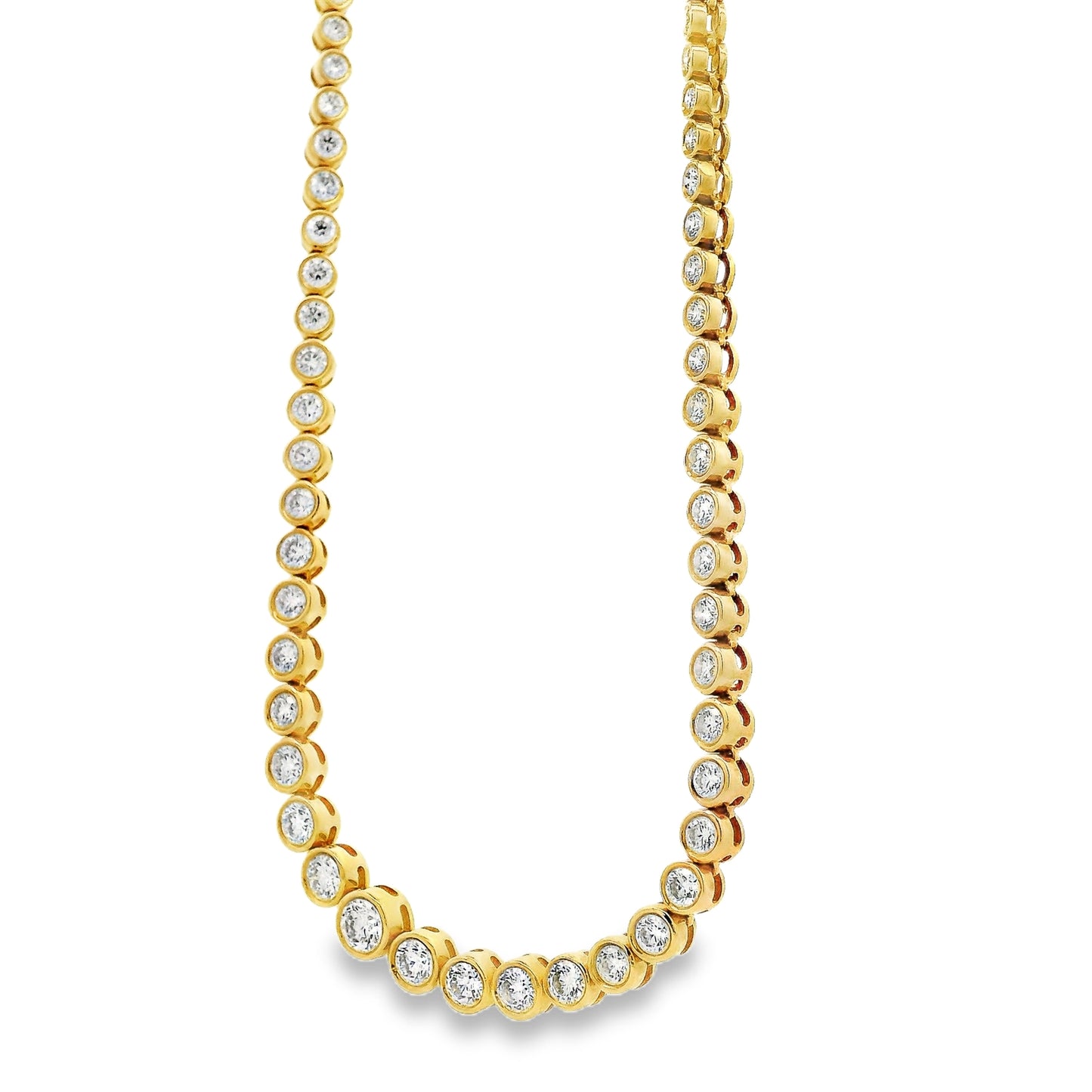 14k Yellow Gold 3.40ctw Round Diamond Bezel Set 1/2 Way Round Tennis Necklace.