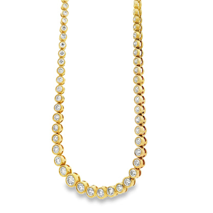 14k Yellow Gold 3.40ctw Round Diamond Bezel Set 1/2 Way Round Tennis Necklace.