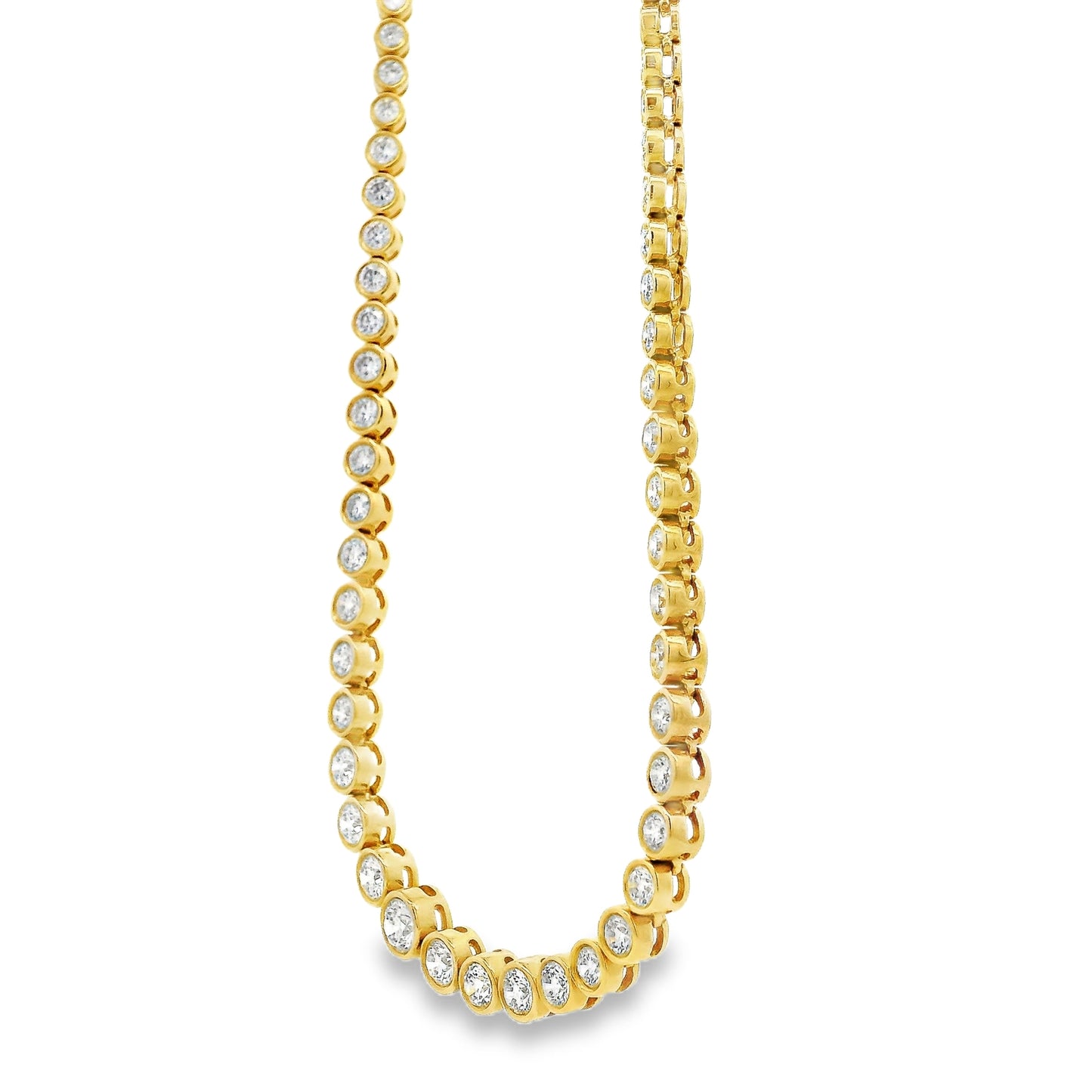 14k Yellow Gold 3.40ctw Round Diamond Bezel Set 1/2 Way Round Tennis Necklace.