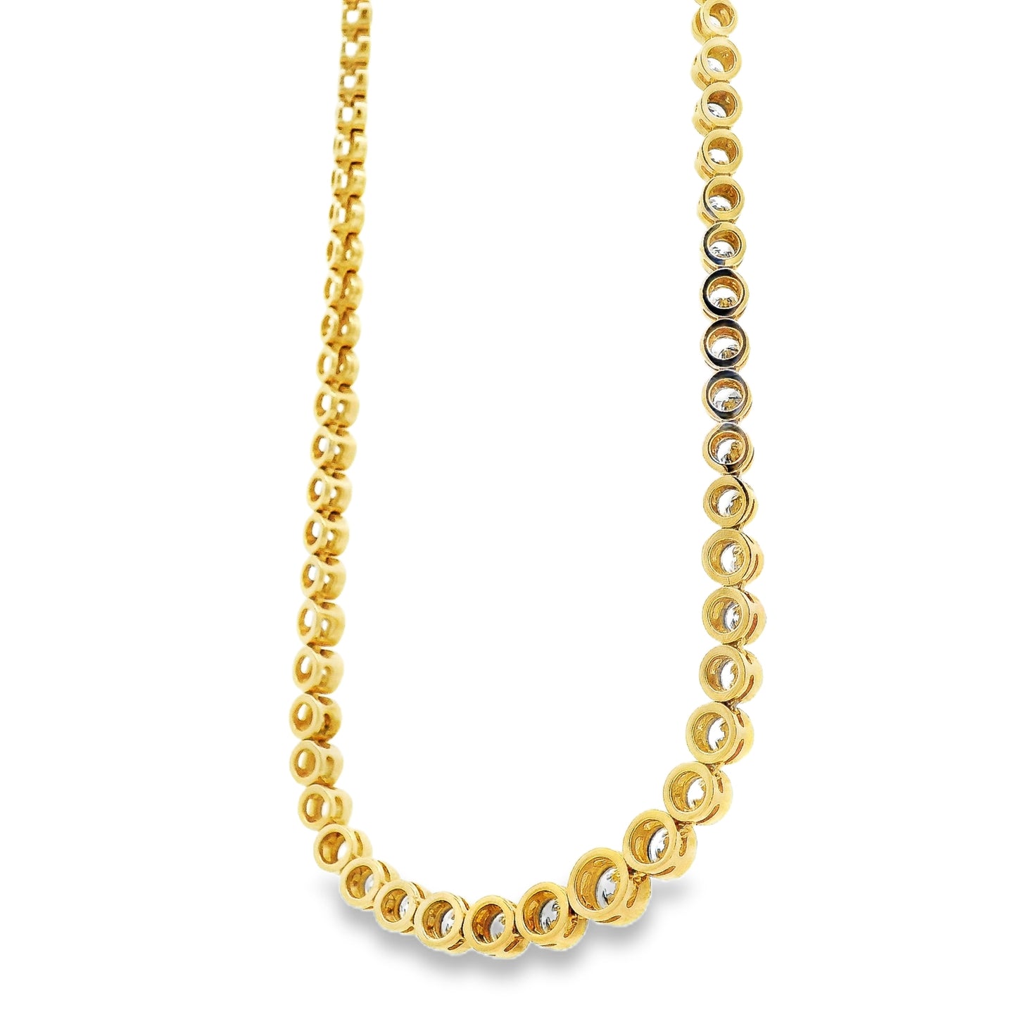 14k Yellow Gold 3.40ctw Round Diamond Bezel Set 1/2 Way Round Tennis Necklace.