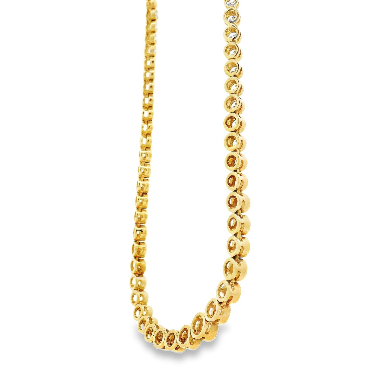 14k Yellow Gold 3.40ctw Round Diamond Bezel Set 1/2 Way Round Tennis Necklace.