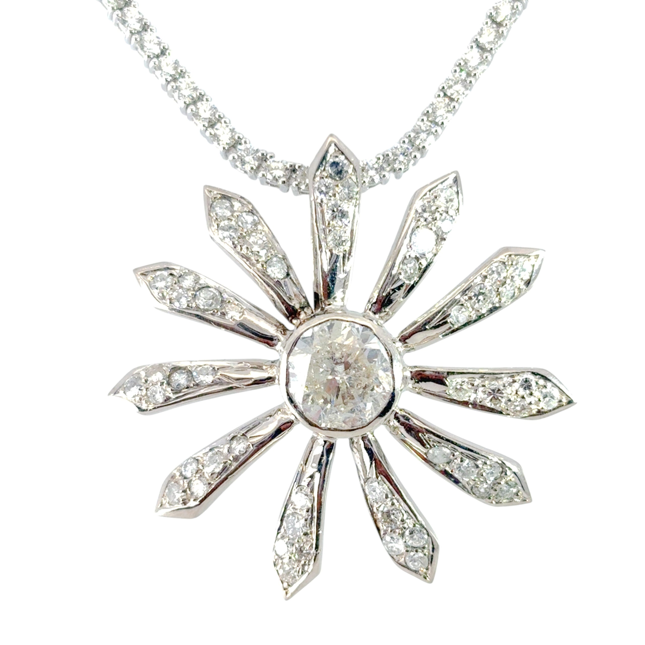 14k White Gold Flower Pendant on a 4.65ctw Natural Round Brilliant Diamond Tennis Necklace