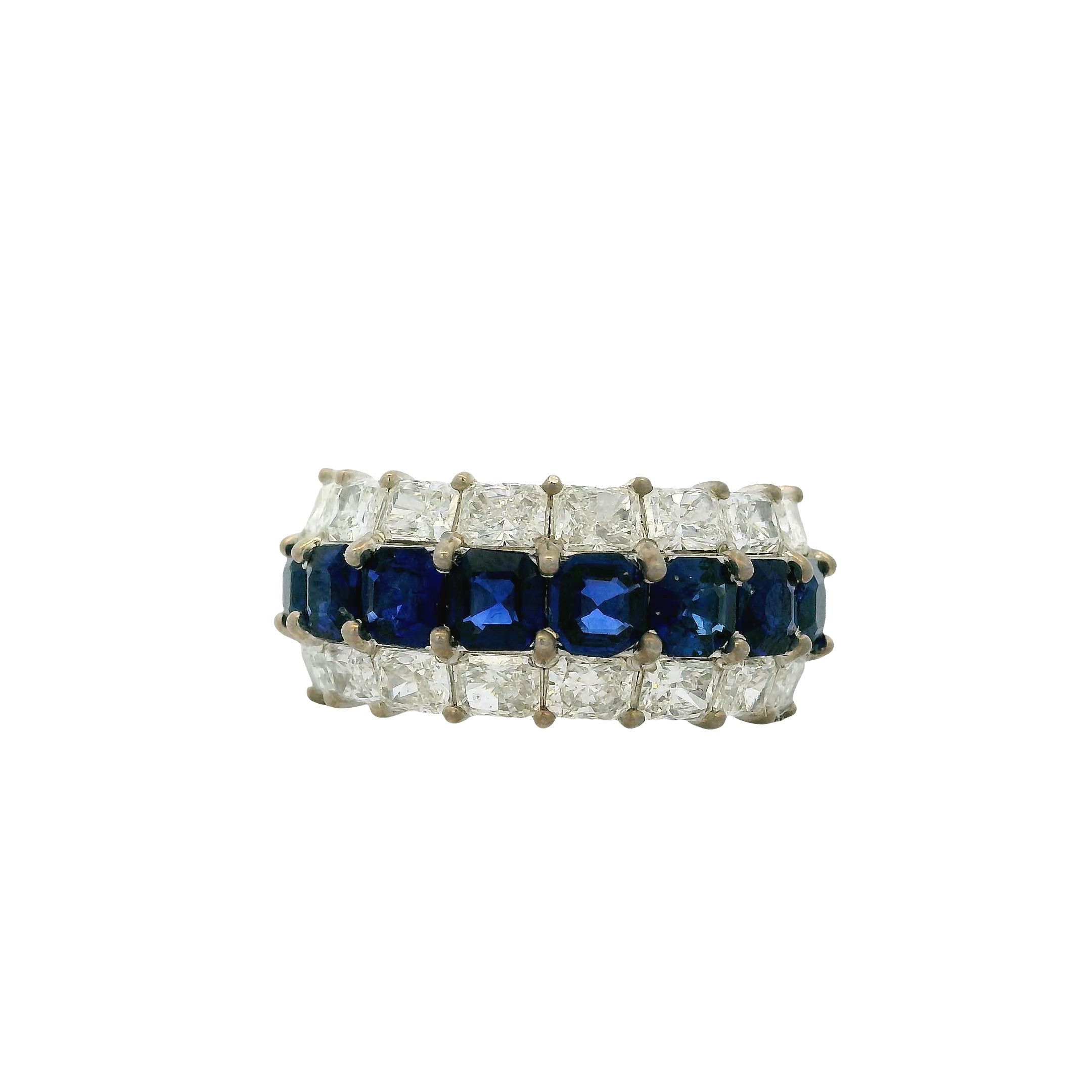 18k White Gold Natural Emerald Sapphire & Natural Radiant Diamond Three Row Wide Ring
