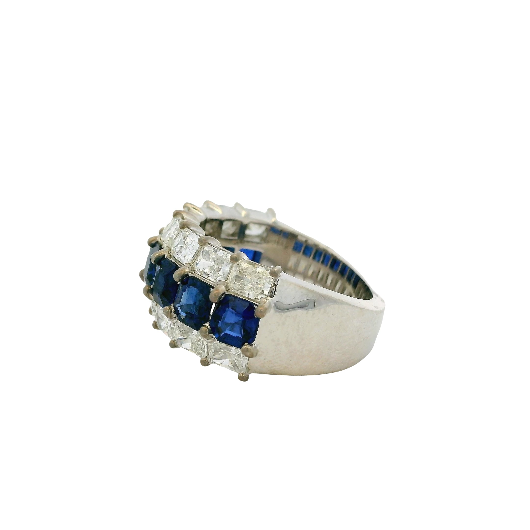 18k White Gold Natural Emerald Sapphire & Natural Radiant Diamond Three Row Wide Ring