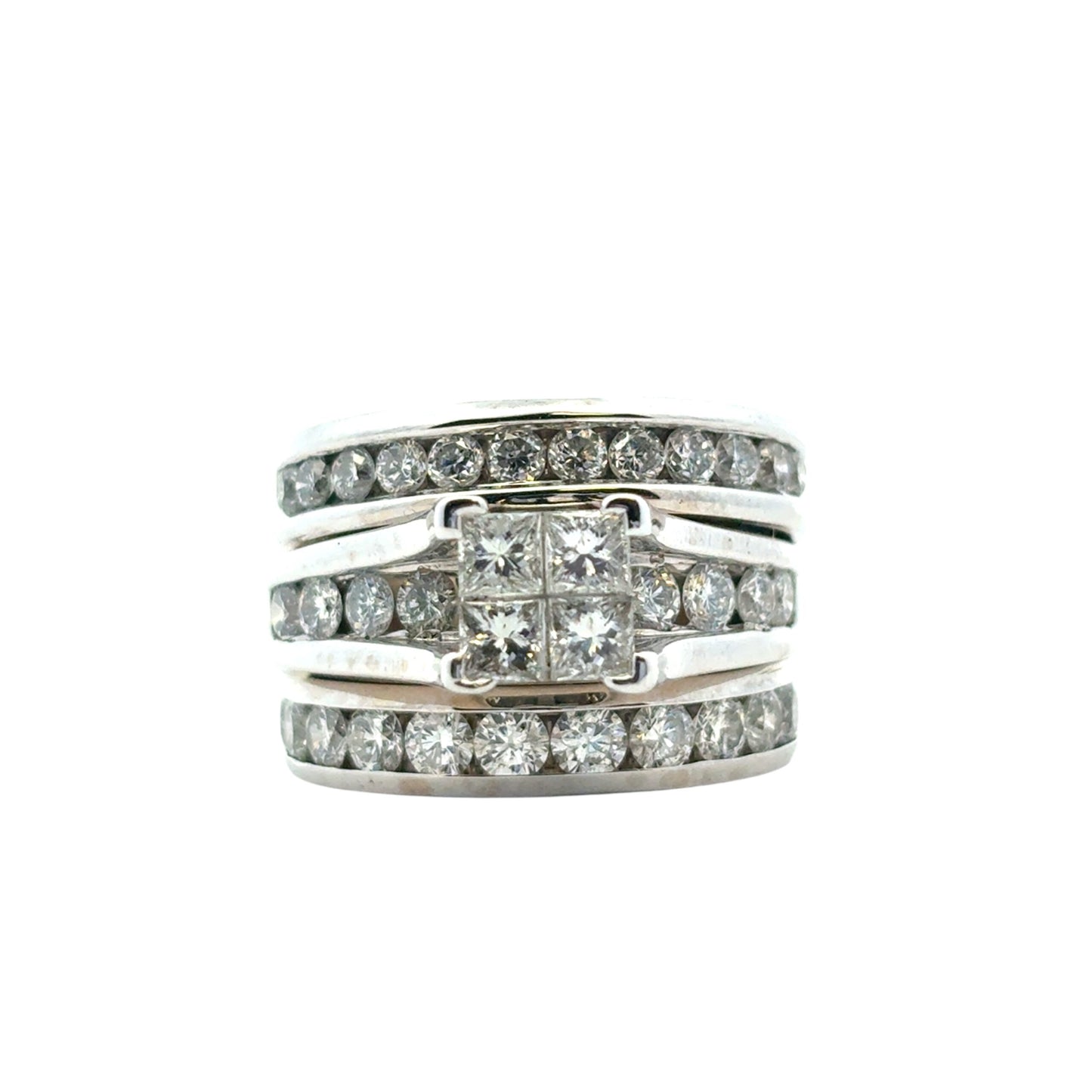 14k White Gold 3 Row Diamond Ring