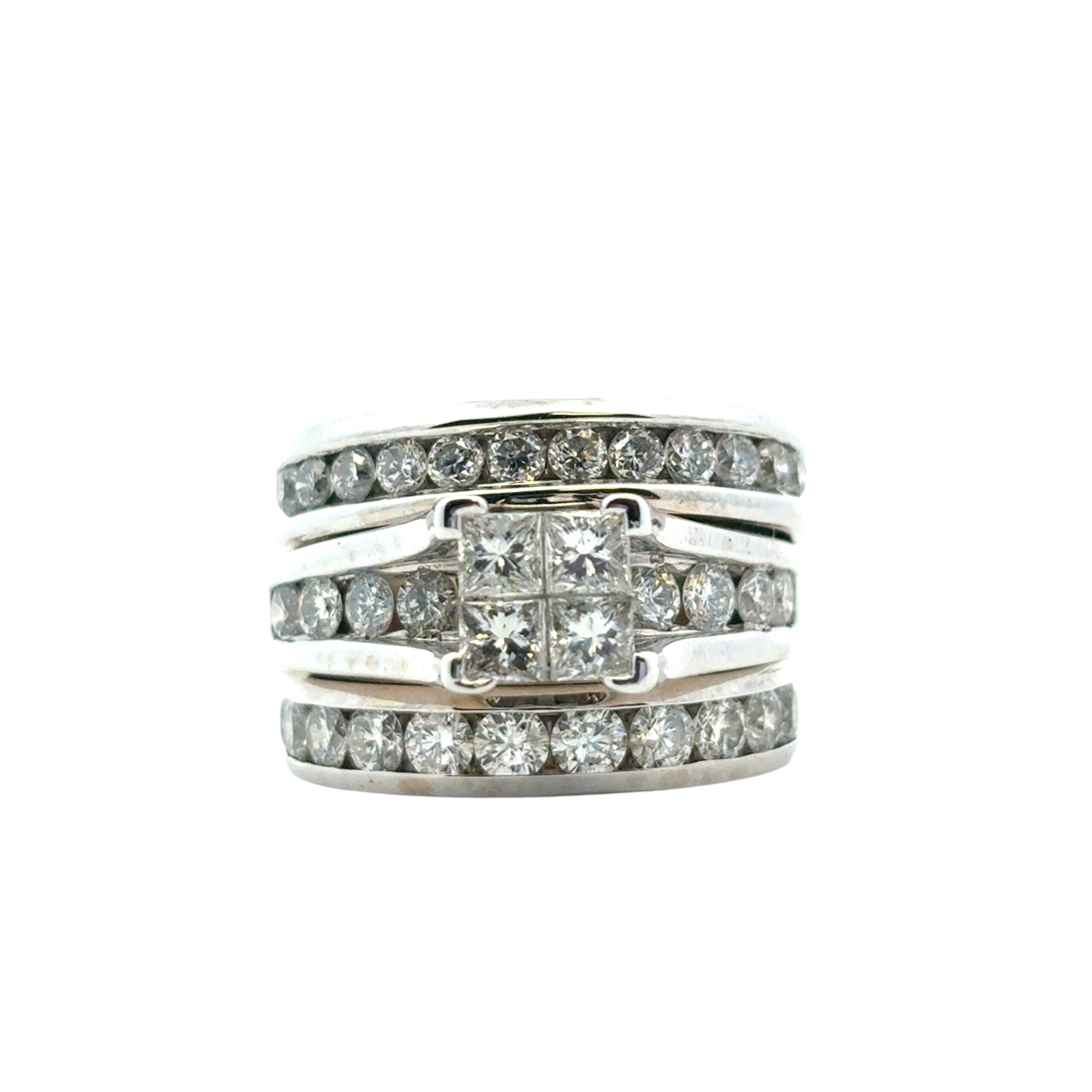 14k White Gold 3 Row Diamond Ring