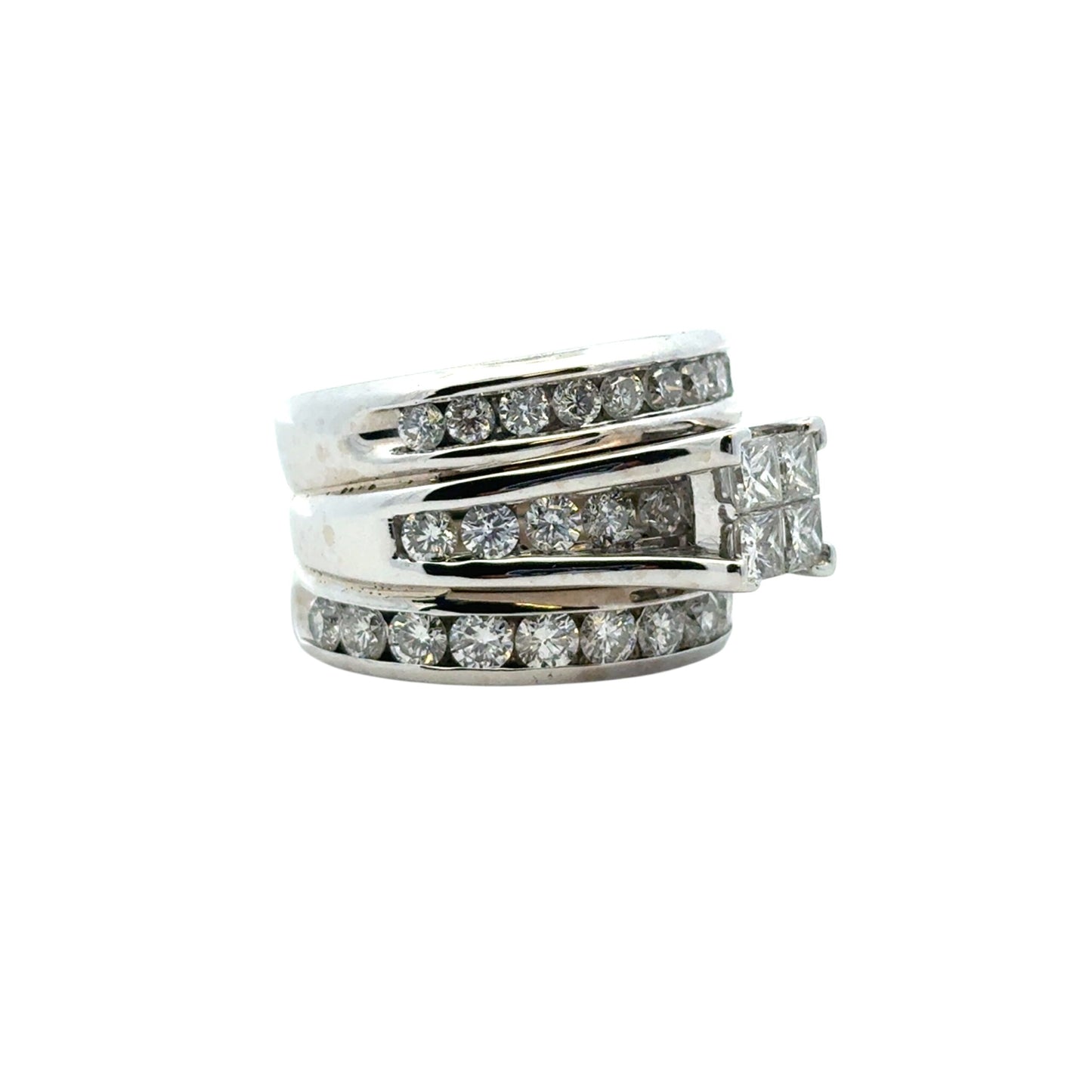 14k White Gold 3 Row Diamond Ring