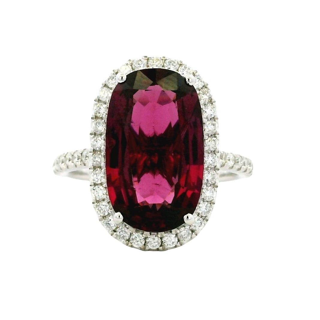 18k White Gold 6.87ctw Natural Round Brilliant Diamond and Oval Cut Rhodolite Garnet Ring