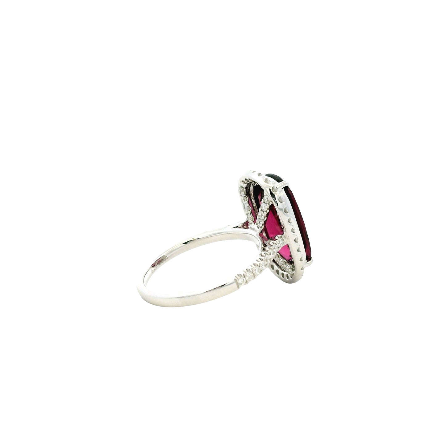 18k White Gold 6.87ctw Natural Round Brilliant Diamond and Oval Cut Rhodolite Garnet Ring
