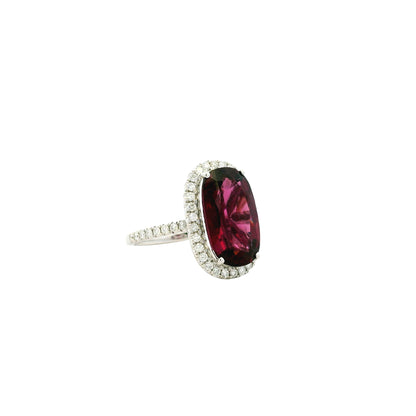 18k White Gold 6.87ctw Natural Round Brilliant Diamond and Oval Cut Rhodolite Garnet Ring