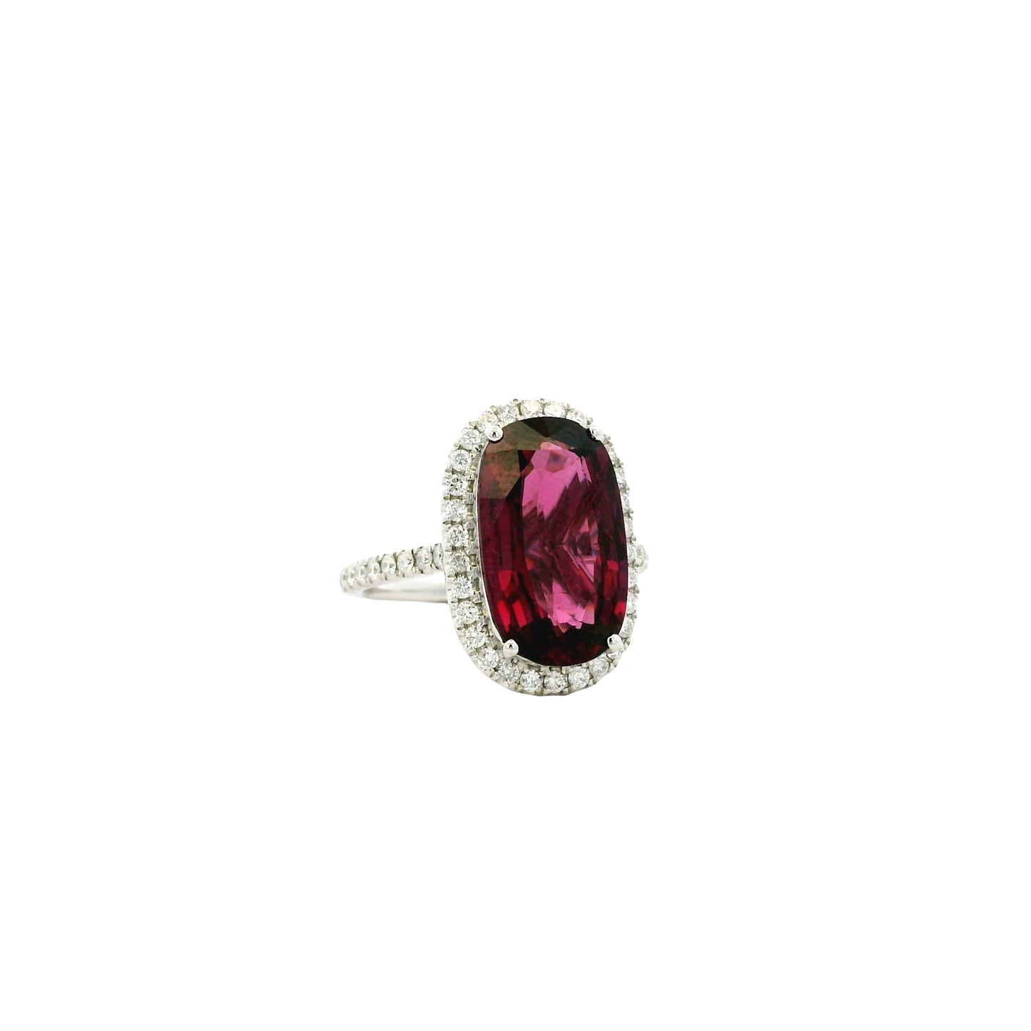 18k White Gold 6.87ctw Natural Round Brilliant Diamond and Oval Cut Rhodolite Garnet Ring