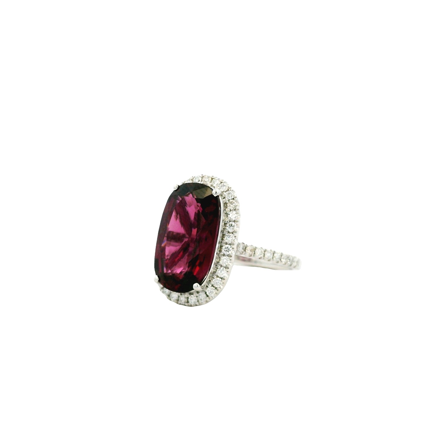18k White Gold 6.87ctw Natural Round Brilliant Diamond and Oval Cut Rhodolite Garnet Ring