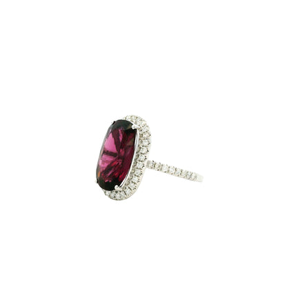 18k White Gold 6.87ctw Natural Round Brilliant Diamond and Oval Cut Rhodolite Garnet Ring