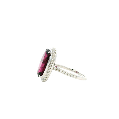 18k White Gold 6.87ctw Natural Round Brilliant Diamond and Oval Cut Rhodolite Garnet Ring