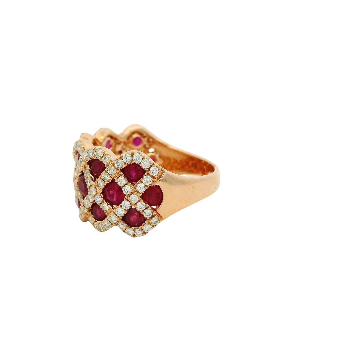 14k Rose Gold 2.18ctw Ruby and 0.95ctw Natural Round Brilliant Diamond Criss Cross Ring