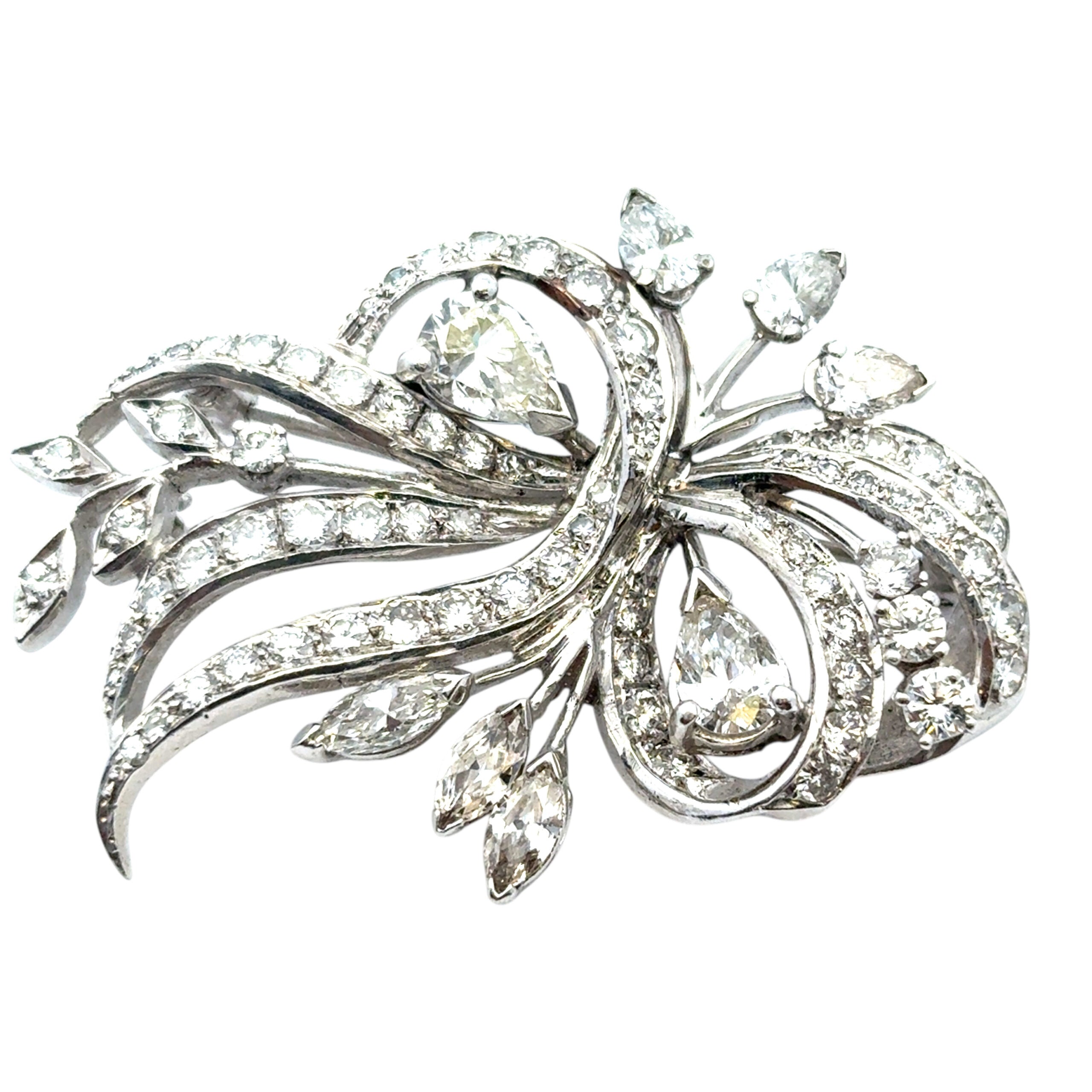 Vintage 14k White Gold Natural 7.0ctw Diamond Brooch Pin