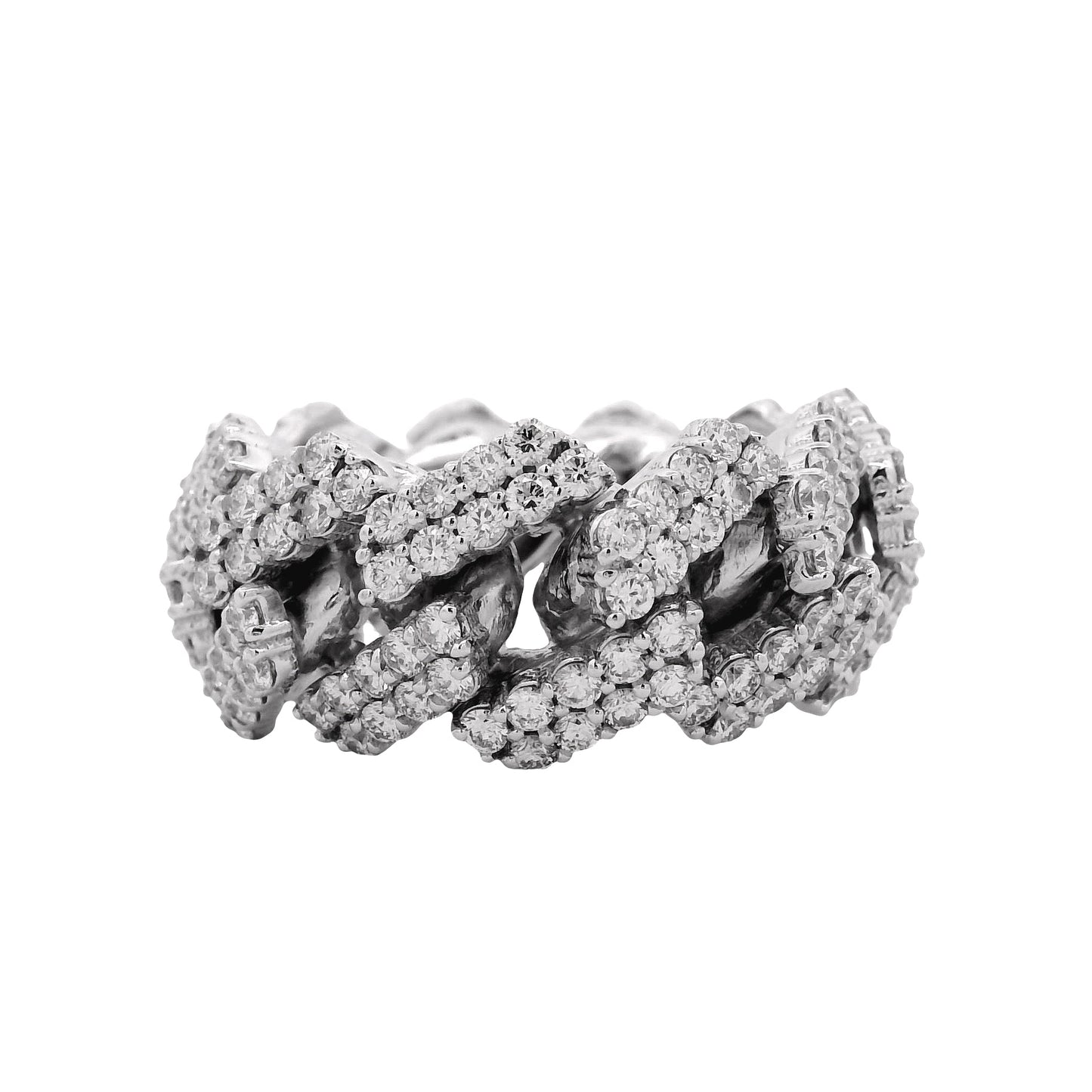 Diamond-encrusted ring on a white background